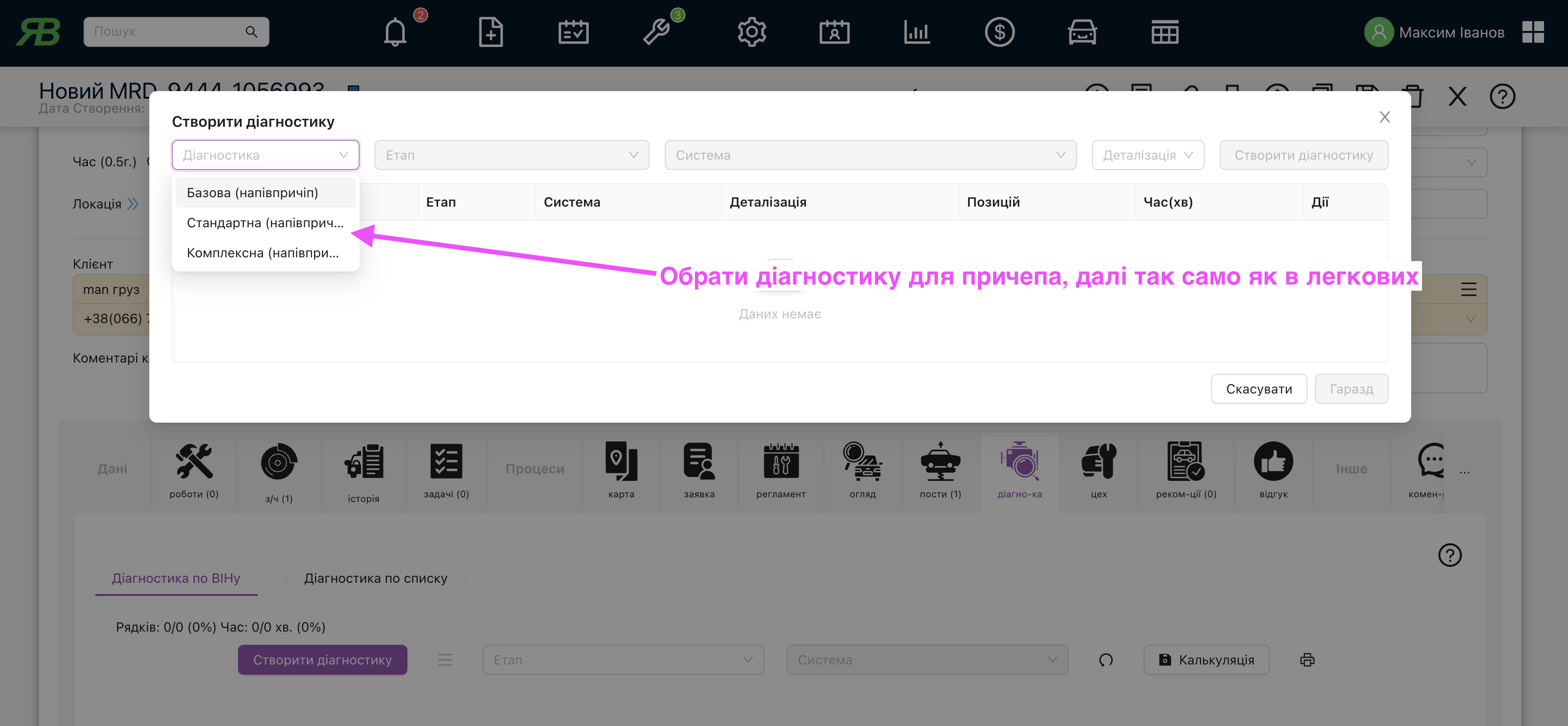 Обрати потрібний план для діагностики причепа