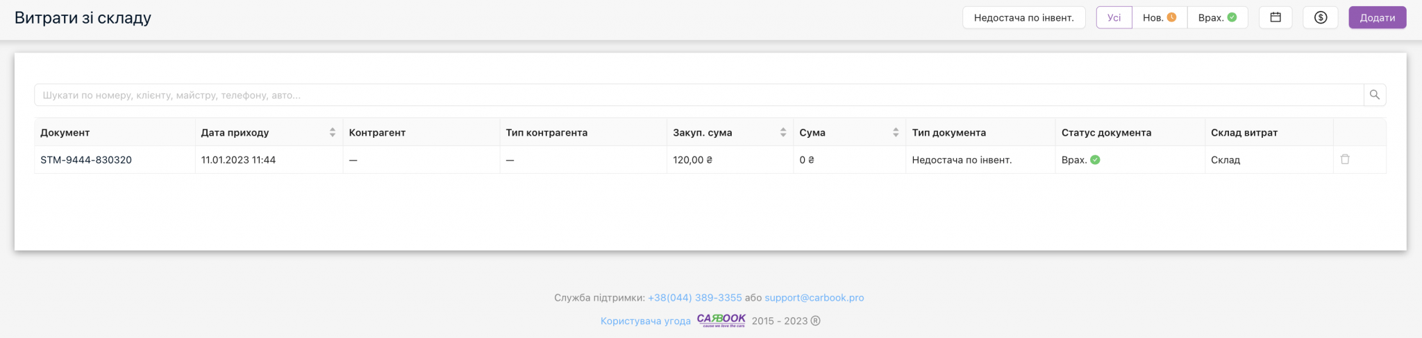 Нестача при проведенні інвентаризації, документ з типом STM