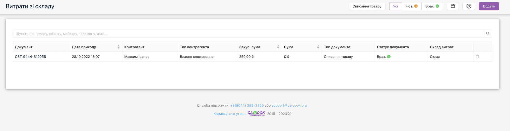 Вікно списання товару, з типом документа CST