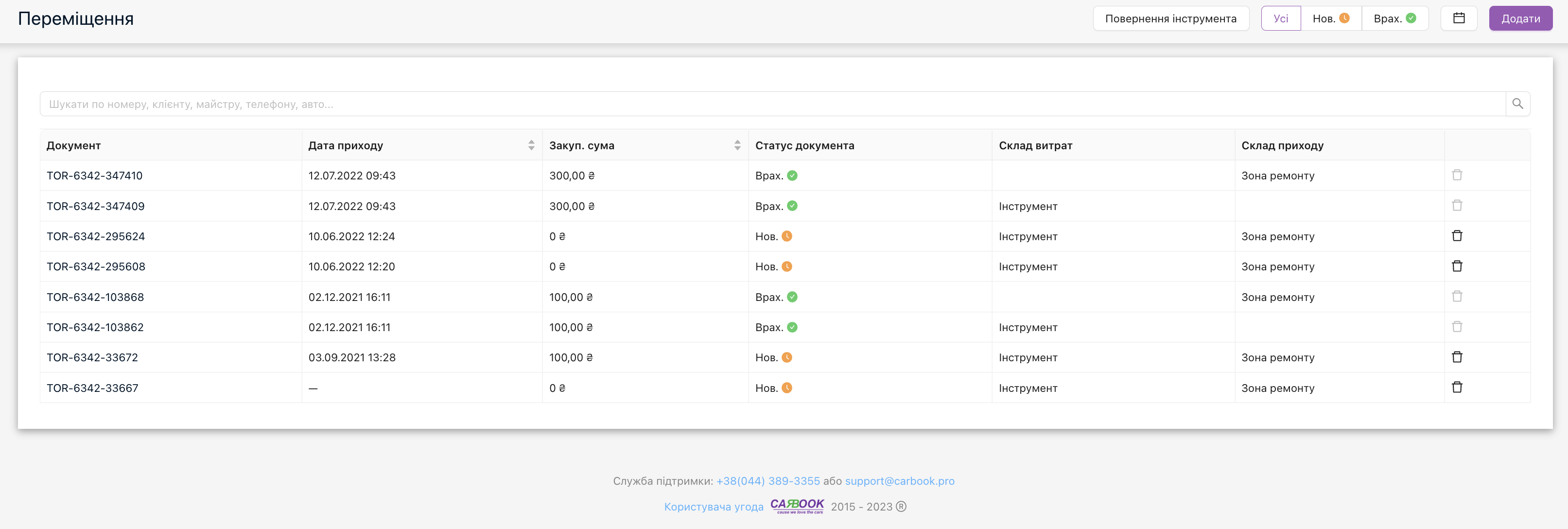 Повернення інструменту на склад, документ з типом TOR