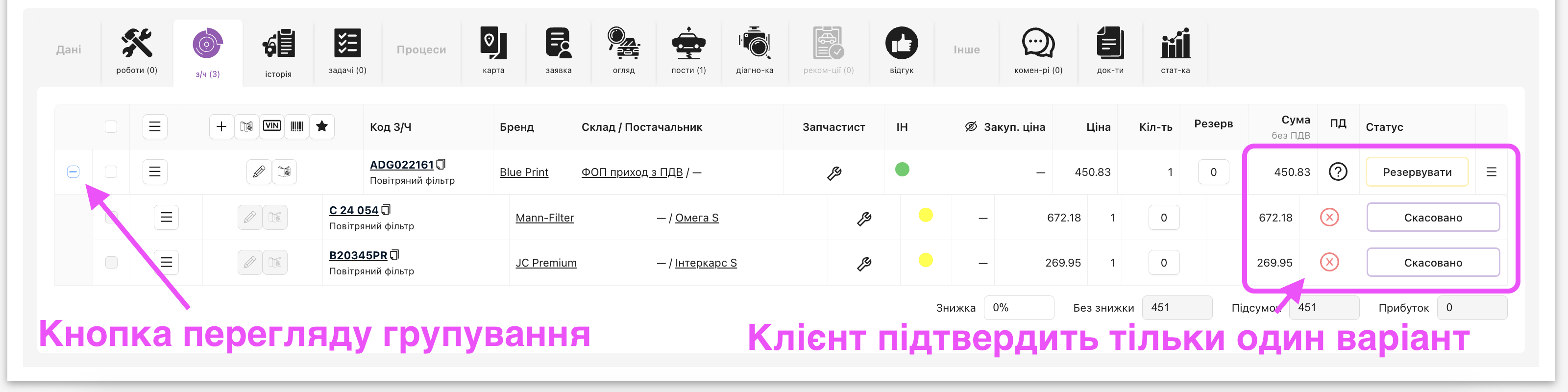 Згруповані запчастини для узгодження з клієнтом