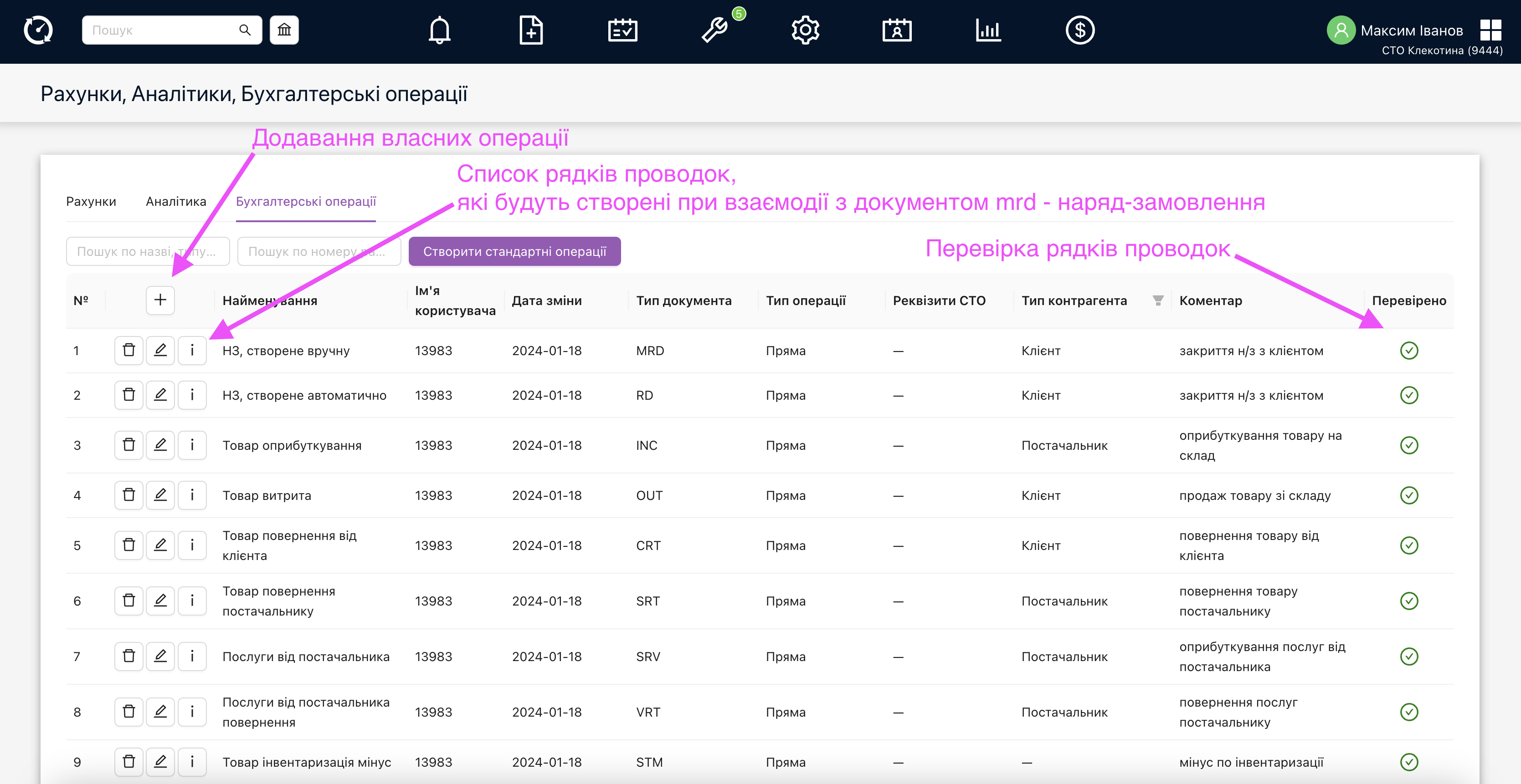 Вікно налашутвань операцій та рядків операції, які будуть створені після взаємодії з певним типом документів.