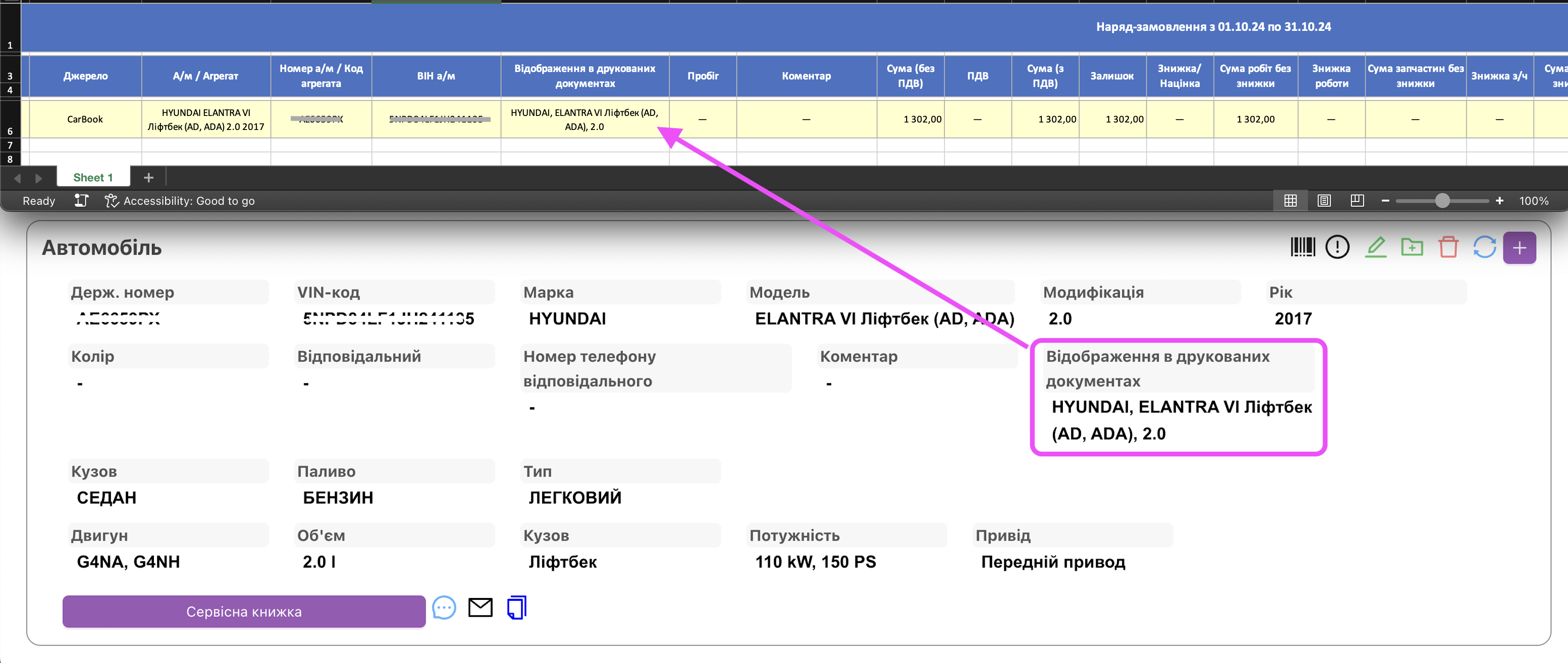 Вивантаження інформації про відображення автомобіля в друкованих формах до звітів xslx