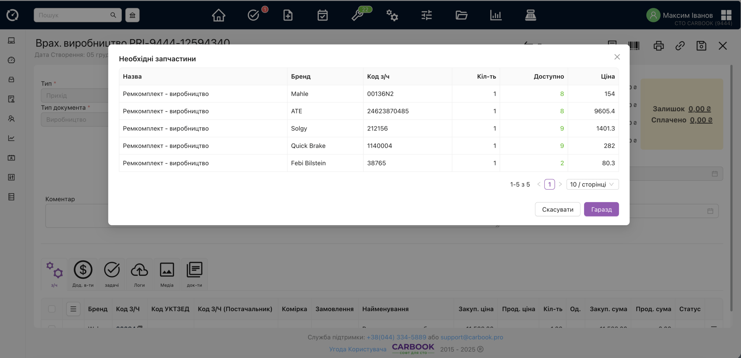 Перевірка на наявність запчастин для виробництва.