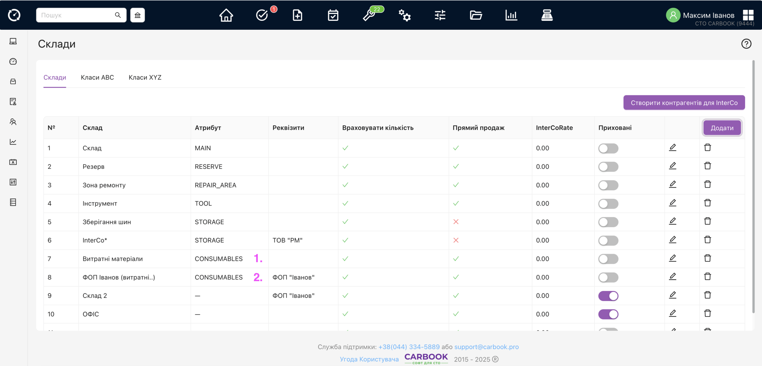 Список складів для витратних матеріалів, перший зі списку буде автоматично проставлятись в рядках з/ч, якщо реквізити СТО не вказані в н/з або реквізити не відповідають жодному складу.