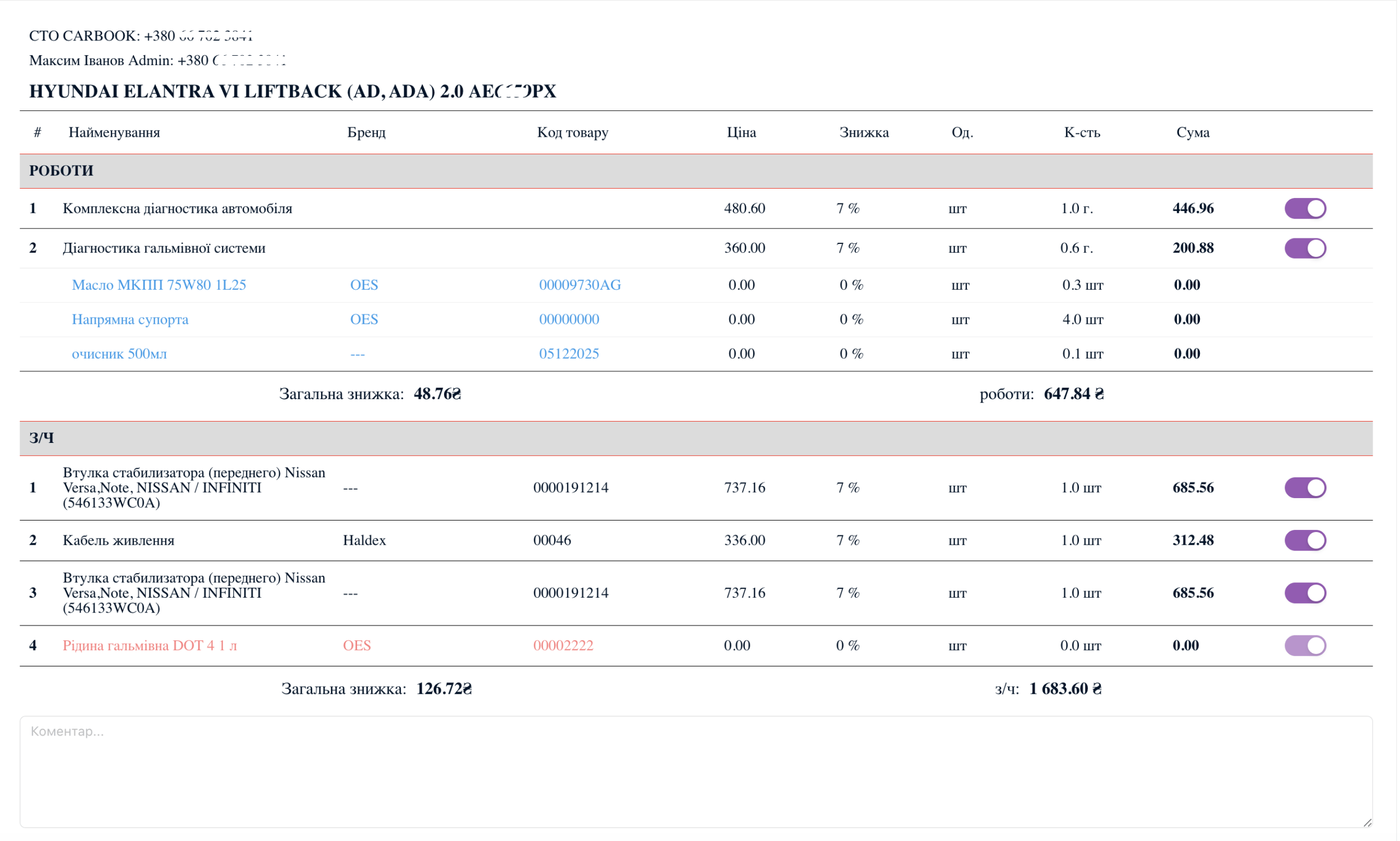 Приклад, sms узгодження з клієнтом, н/з в якому є витратні матеріали та запчастини клієнта.