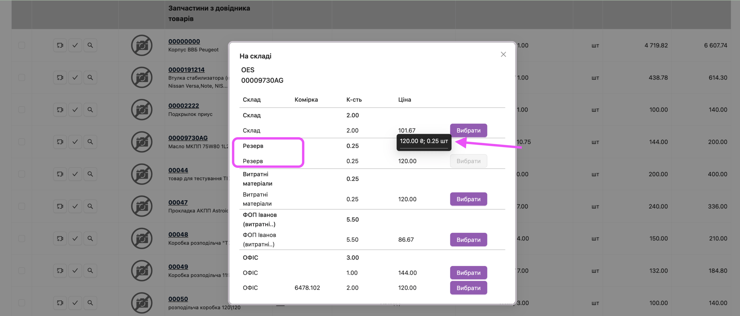 Модальне вікно "на складі" - відображення кількостей та закуп.цін товарів, які знаходяться в резерві.